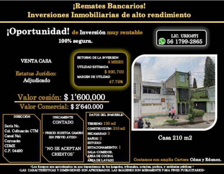 Casa en Venta en Culhuacan CTM Coyoacán, Distrito Federal