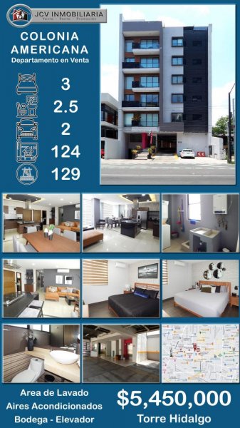 Departamento en Venta en la Colonia Americana, Torre Hidalgo. 123.5 Mts.