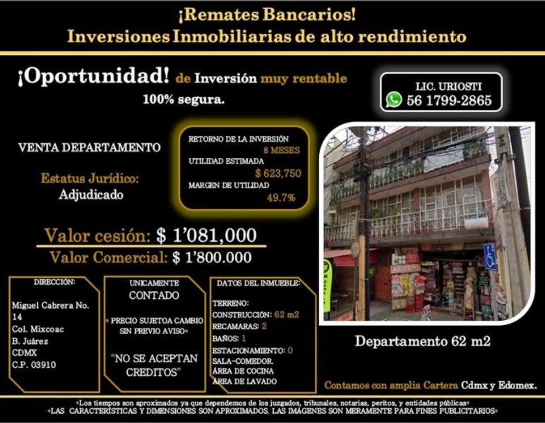 OPORTUNIDAD UNICA DEPARTAMENTO MIXCOAC B.JUÁREZ REMATE BANCARIO 