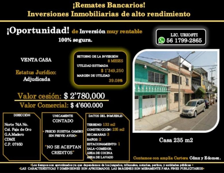 Casa en Venta en FAJA DE ORO Gustavo A. Madero, Distrito Federal